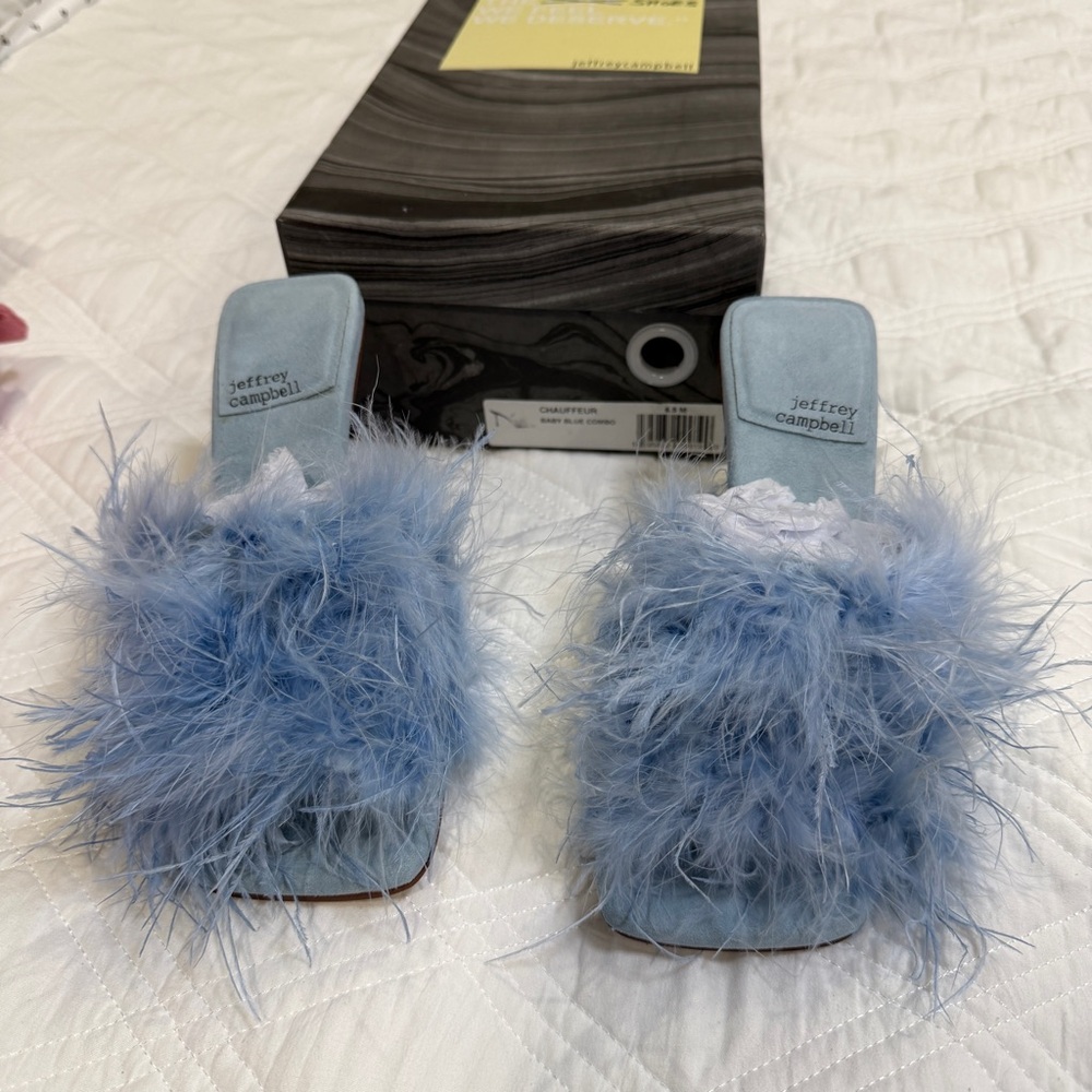 Jeffrey Campbell Light Blue Feathered Slides chauffeur